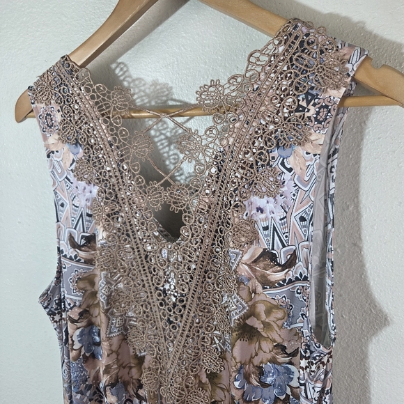 One World Womens XL Boho Maxi Dress Lace Back Crochet Floral Stretch - Picture 3 of 11